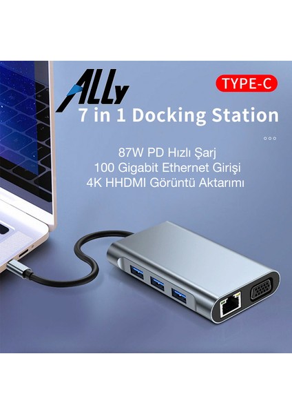 7in1 USB 3.0 + HDMI + RJ45 + Type-C Hub Adaptör Çevirici Dock Station