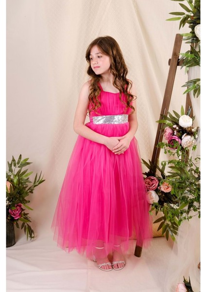 Sırt Gipeli Tüllü Kız Çocuk Saten Abiye