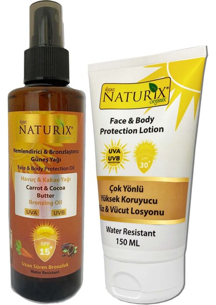 Spf 30+ Çok Yönlü Yüksek Koruyucu Yüz & Vücut Losyonu + Kakao & Havuç SPF15 Yoğun Bronzlaştırıcı Yağ