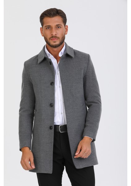 Erkek Gri Dar Kesim Yün Karışımlı Kaşe Gömlek Yaka Palto Kaban