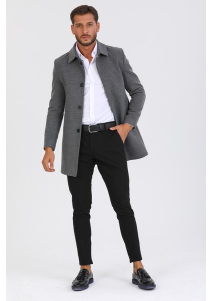 Erkek Gri Dar Kesim Yün Karışımlı Kaşe Gömlek Yaka Palto Kaban modelleri