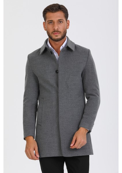 Erkek Gri Dar Kesim Yün Karışımlı Kaşe Gömlek Yaka Palto Kaban fırsatları