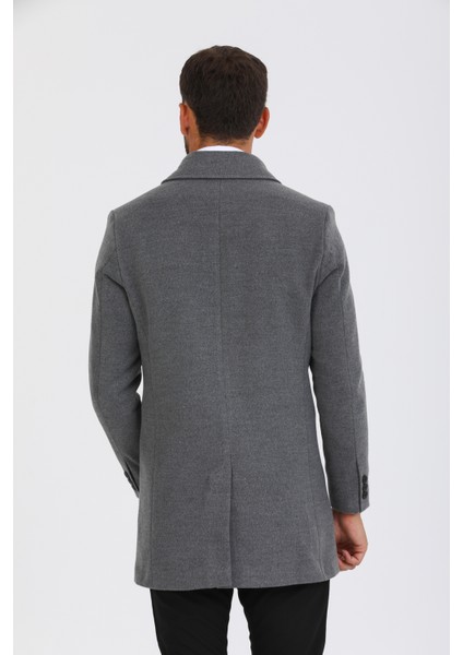 Erkek Gri Dar Kesim Yün Karışımlı Kaşe Gömlek Yaka Palto Kaban