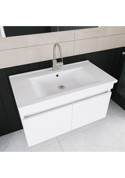 Roomart 2 Kapaklı Lavabolu Beyaz Mdf 85 cm Banyo Dolabı + Aynalı Banyo Üst Dolabı + Banyo Boy Dolabı