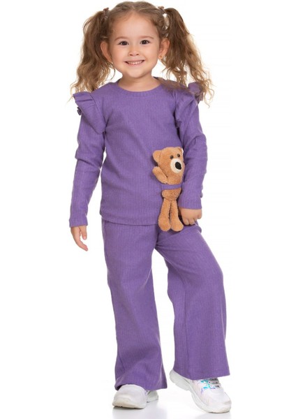 Kız Çocuk Alt Üst Takım Ispanyol Paça Pantolon Uzun Kollu Bluz ve Ayıcık ile Takım