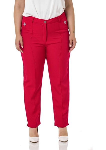 Büyük Beden Dar Paça Nervür Dikişli Paçası Yırtmaçlı Fermuarlı Kırmızı Kadın Pantolon