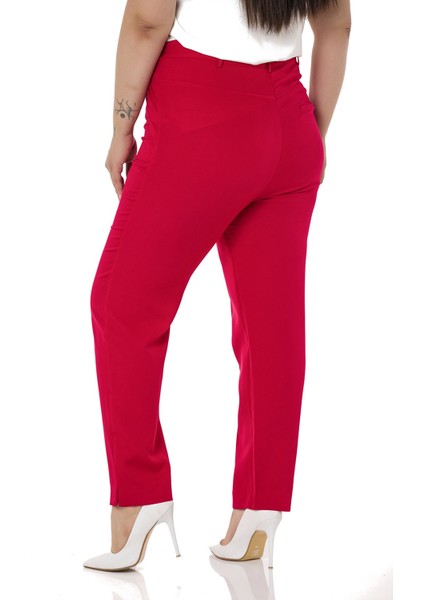 Büyük Beden Dar Paça Nervür Dikişli Paçası Yırtmaçlı Fermuarlı Kırmızı Kadın Pantolon modelleri