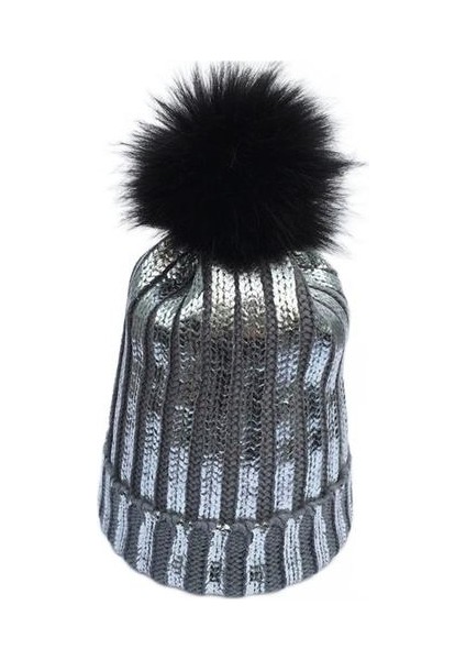 Kış Metalik Örme Pom Pom Beanie Şapka Kadın Moda Faux Kürk Pom Pom