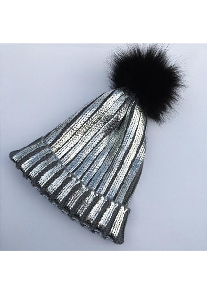 Kış Metalik Örme Pom Pom Beanie Şapka Kadın Moda Faux Kürk Pom Pom