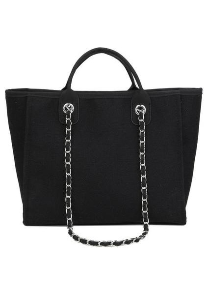 42 cm Yeni Kadın Tote Çanta Moda Tuval Büyük Çanta Zincirleri Omuz Çantaları Bayanlar Büyük Messenger Çanta Alışveriş Çantası | En Kolu Çanta (Siyah)