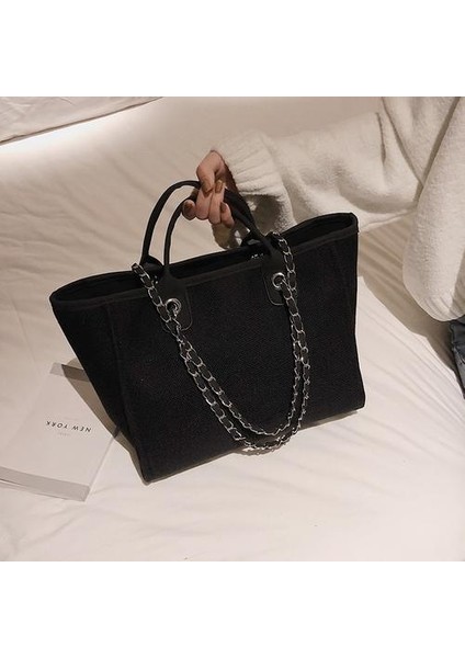 42 cm Yeni Kadın Tote Çanta Moda Tuval Büyük Çanta Zincirleri Omuz Çantaları Bayanlar Büyük Messenger Çanta Alışveriş Çantası | En Kolu Çanta (Siyah) fiyatları