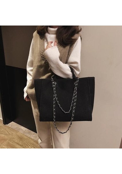 42 cm Yeni Kadın Tote Çanta Moda Tuval Büyük Çanta Zincirleri Omuz Çantaları Bayanlar Büyük Messenger Çanta Alışveriş Çantası | En Kolu Çanta (Siyah) modelleri