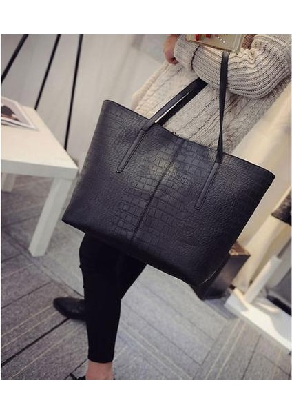 Büyük Yeni Stil Siyah Kadın Omuz Çantası Timsah Deri Bayanlar Deri Çanta Rahat Kadın Fermuar Çanta Çanta |çanta (35CM * 30CM * 12CM) fırsatları