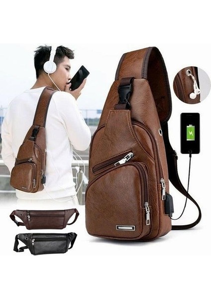 Yeni 2 Stilleri Göğüs Çantası Rahat Açık Seyahat USB Şarj Portu Sling Çanta Deri Göğüs Çantası Crossbody Çanta (Siyah) fırsatları