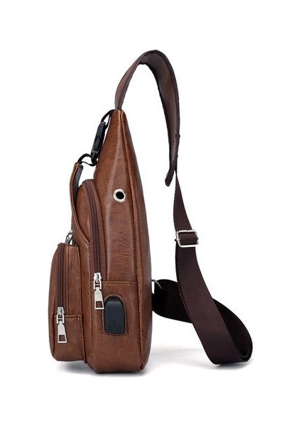 Yeni 2 Stilleri Göğüs Çantası Rahat Açık Seyahat USB Şarj Portu Sling Çanta Deri Göğüs Çantası Crossbody Çanta (Siyah) indirimleri