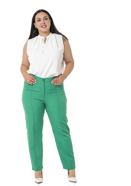 Büyük Beden Dar Paça Nervür Dikişli Paçası Yırtmaçlı Fermuarlı Yeşil Kadın Pantolon fırsatları