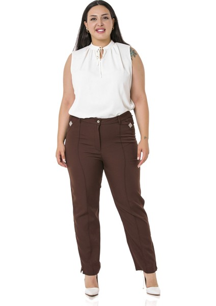 Büyük Beden Dar Paça Nervür Dikişli Paçası Yırtmaçlı Fermuarlı Kahverengi Kadın Pantolon fiyatları