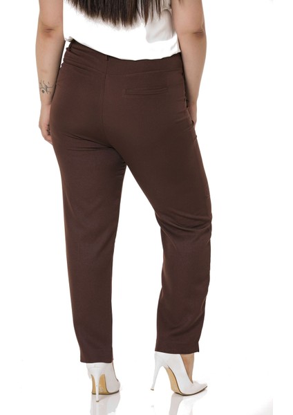 Büyük Beden Dar Paça Nervür Dikişli Paçası Yırtmaçlı Fermuarlı Kahverengi Kadın Pantolon modelleri