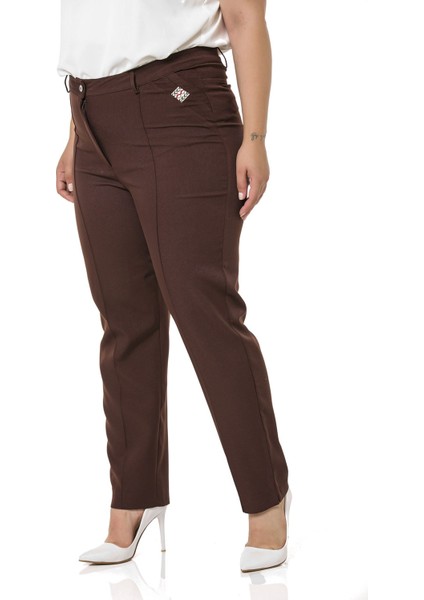 Büyük Beden Dar Paça Nervür Dikişli Paçası Yırtmaçlı Fermuarlı Kahverengi Kadın Pantolon indirimleri