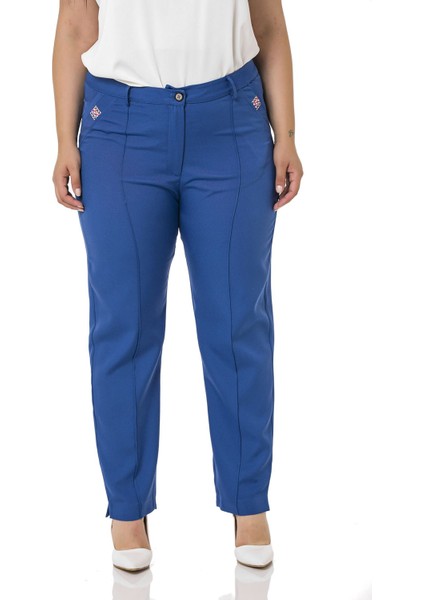 Büyük Beden Dar Paça Nervür Dikişli Paçası Yırtmaçlı Fermuarlı Indigo Kadın Pantolon