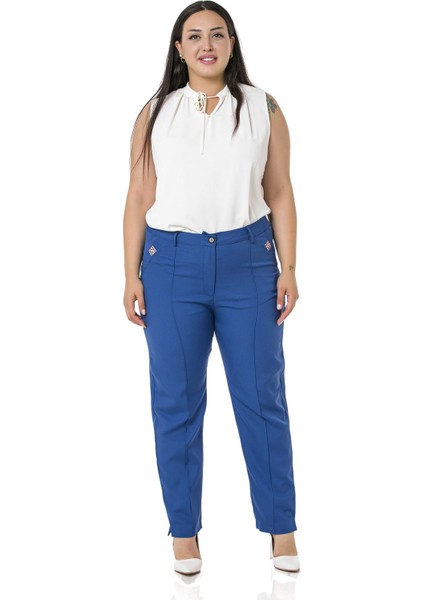 Büyük Beden Dar Paça Nervür Dikişli Paçası Yırtmaçlı Fermuarlı Indigo Kadın Pantolon fiyatları