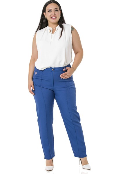 Büyük Beden Dar Paça Nervür Dikişli Paçası Yırtmaçlı Fermuarlı Indigo Kadın Pantolon fırsatları