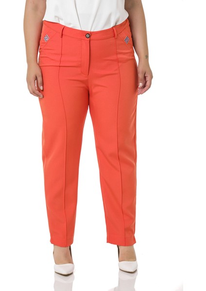 Büyük Beden Dar Paça Nervür Dikişli Paçası Yırtmaçlı Fermuarlı Turuncu Kadın Pantolon