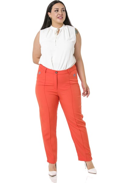 Büyük Beden Dar Paça Nervür Dikişli Paçası Yırtmaçlı Fermuarlı Turuncu Kadın Pantolon fiyatları