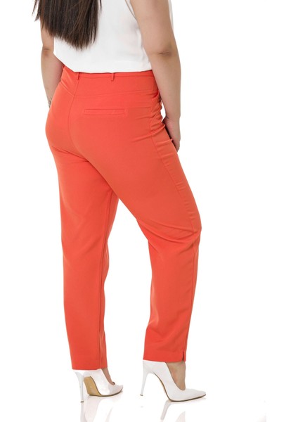 Büyük Beden Dar Paça Nervür Dikişli Paçası Yırtmaçlı Fermuarlı Turuncu Kadın Pantolon modelleri