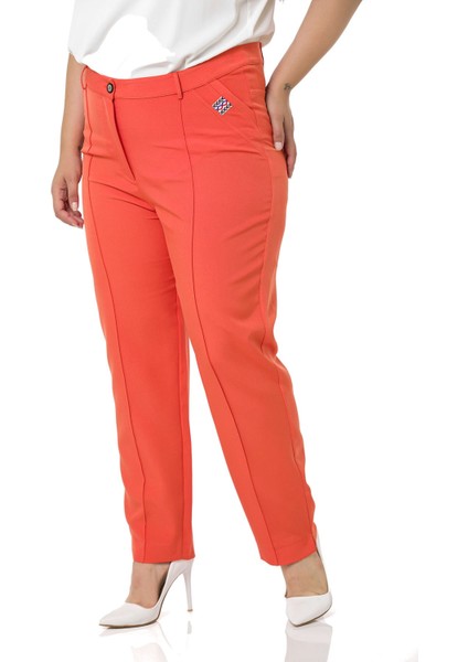 Büyük Beden Dar Paça Nervür Dikişli Paçası Yırtmaçlı Fermuarlı Turuncu Kadın Pantolon indirimleri