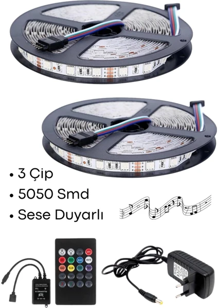 Sese Müziğe Duyarlı 10 Metre Rgb LED 3 Çipli 5050 Smd Tak Çalıştır Kombin