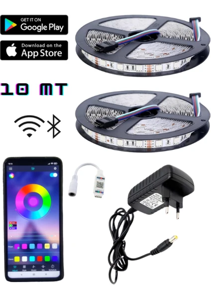 10 Metre Rgb LED Sese ve Müziğe Duyarlı Bluetooth Özellikli Tak Çalıştır Set 3 Çipli Iç Mekan