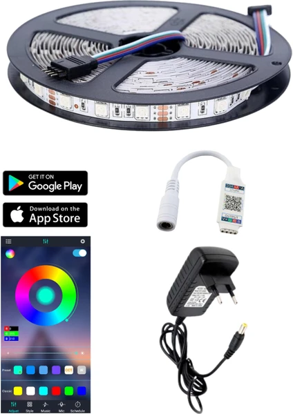 Rgb LED Bluetooth Özellikli - 5 Metre 5050 Smd Iç Mekan 3 Çip Sese ve Müziğe Duyarlı