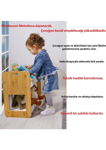 Kumru Ahşap 0-4 Yaş Çocuk Çok Amaçlı Montessori Oyuncak Toplama ve Kitaplık Ünitesi