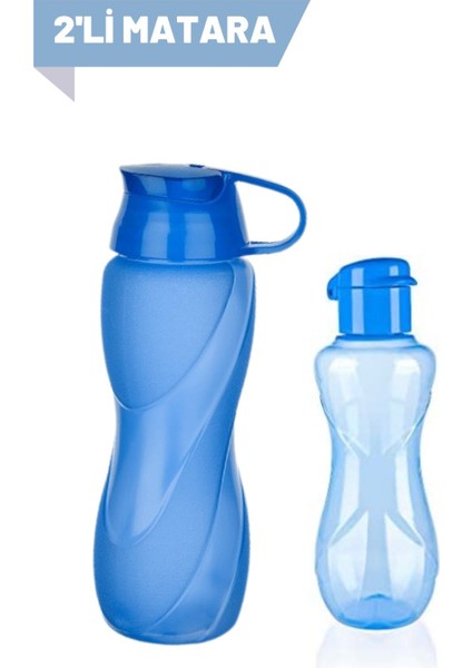 2'li Set Eko Şişe Suluk - Pratik Kapak Matara 500 ml - 750 ml Mavi