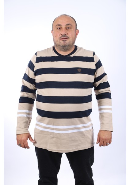 Mocgrande Erkek Büyük Beden Uzun Kol Tişört Çizgili 22145-BEJ