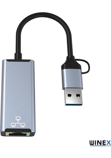 2in1 USB ve Type-C To RJ45 Ethernet Adaptörü