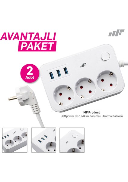 Jettpower 0370 Koruma Anahtarlı 3 Usb'li 2 mt Uzatma Kablosu - Avantajlı 2'li Paket