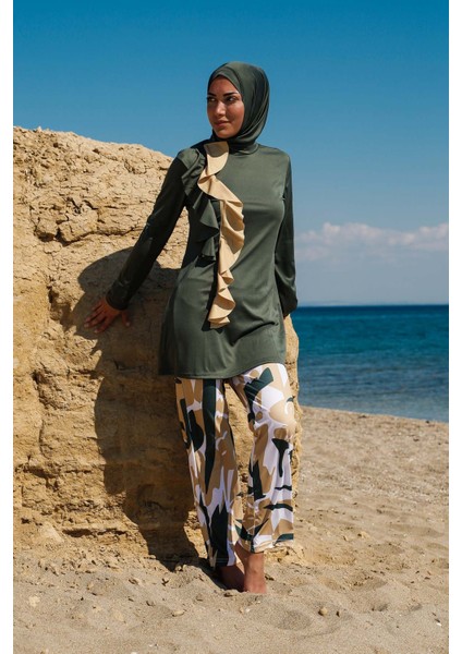 Rivamera Kadın Haki Volanlı Tasarım Desenli Tesettür Mayo R1105 modelleri