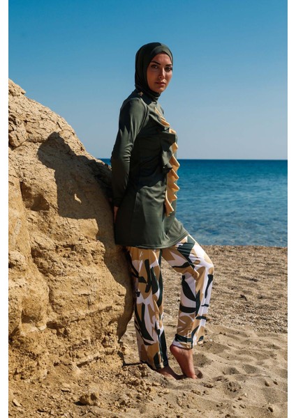 Rivamera Kadın Haki Volanlı Tasarım Desenli Tesettür Mayo R1105 indirimleri