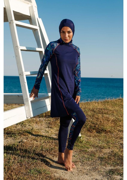 Lacivert Kadın Desen Detaylı Tasarım Performans Serisi Tesettür Mayo M2230