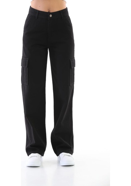 Ngbutika Siyah Yüksek Bel Geniş Paça Kargo Pantolon