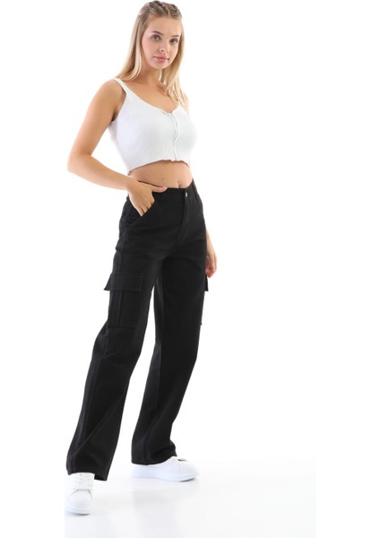 Ngbutika Siyah Yüksek Bel Geniş Paça Kargo Pantolon modelleri