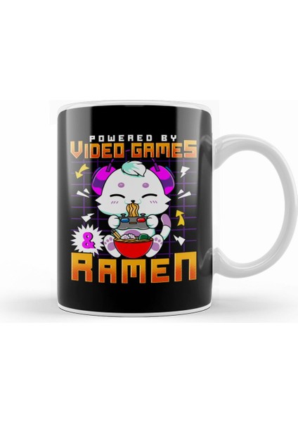 Powered By Video Games & Ramen Anime Cat Gamer Kupa Bardak Porselen
