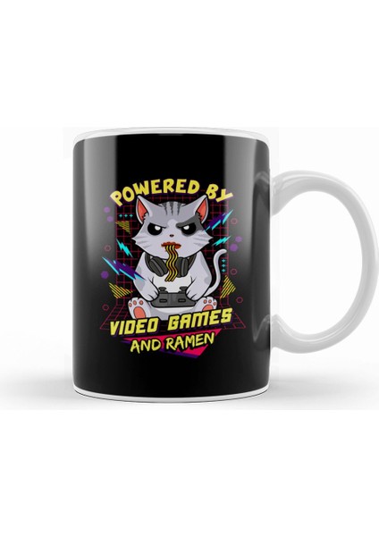 Powered By Video Games & Ramen Anime Cat Kupa Bardak Porselen