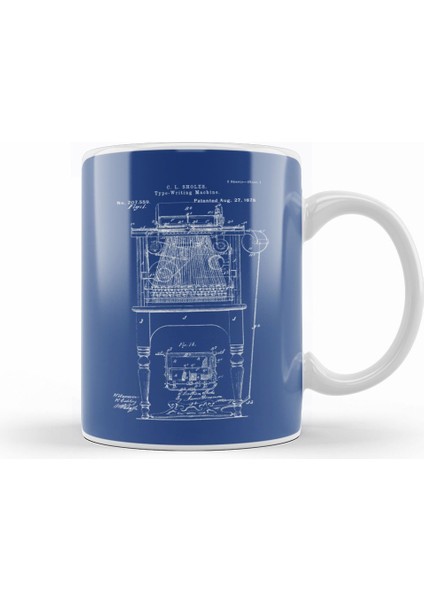 Typewriter Patent Blueprint Sholes Kupa Bardak Porselen