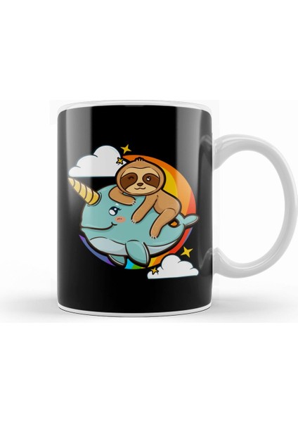 Cute & Funny Sloth Riding Narwhal Animal Friends Kupa Bardak Porselen