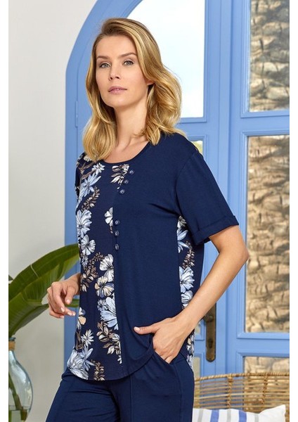22692 Kadın Kısa Kollu Şortlu Pijama Takım-Lacivert