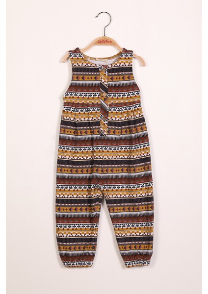 Kız Çocuk Kahverengi Etnik Temalı Salopet (2-7yaş)