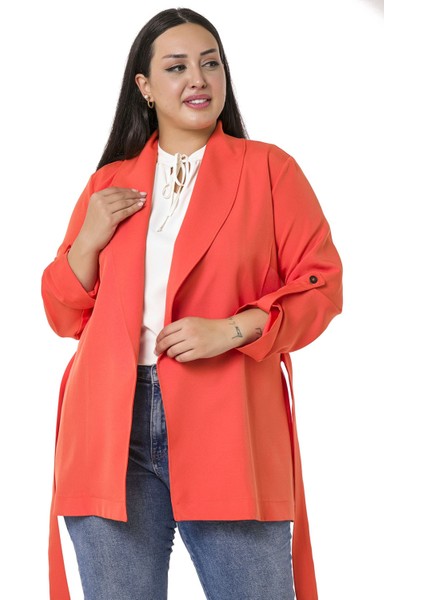 Büyük Beden Şal Yaka Kendinden Kuşaklı Katlamalı Kollu Turuncu Ceket fiyatları